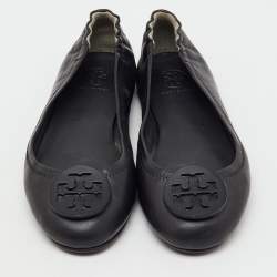 Pre Owned Tory Burch Black Leather Reva Logo Scrunch Ballet Flats Size 38