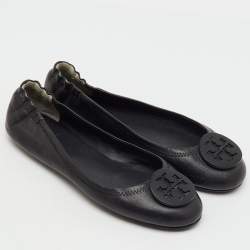 Pre Owned Tory Burch Black Leather Reva Logo Scrunch Ballet Flats Size 38