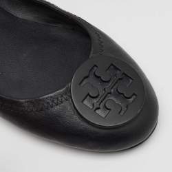 Pre Owned Tory Burch Black Leather Reva Logo Scrunch Ballet Flats Size 38