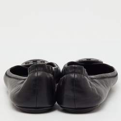 Pre Owned Tory Burch Black Leather Reva Logo Scrunch Ballet Flats Size 38