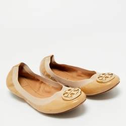Pre Owned Tory Burch Beige Leather Scrunch Ballet Flats Size 39
