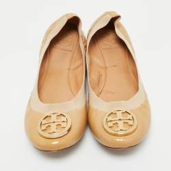 Pre Owned Tory Burch Beige Leather Scrunch Ballet Flats Size 39