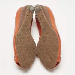 Pre Owned Tory Burch Orange Leather Janey Wedge Pumps Size 38.5
