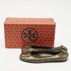 Pre Owned Tory Burch Gold/Dark Brown Lizard Embossed Leather Minnie Ballet Flats Size 39