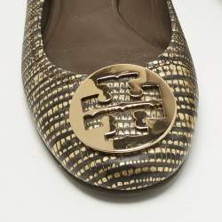 Pre Owned Tory Burch Gold/Dark Brown Lizard Embossed Leather Minnie Ballet Flats Size 39