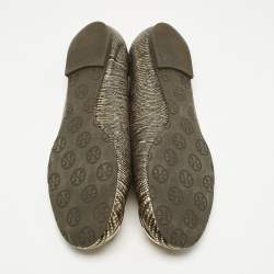Pre Owned Tory Burch Gold/Dark Brown Lizard Embossed Leather Minnie Ballet Flats Size 39