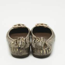 Pre Owned Tory Burch Gold/Dark Brown Lizard Embossed Leather Minnie Ballet Flats Size 39