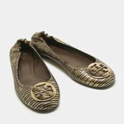 Pre Owned Tory Burch Gold/Dark Brown Lizard Embossed Leather Minnie Ballet Flats Size 39