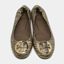 Pre Owned Tory Burch Gold/Dark Brown Lizard Embossed Leather Minnie Ballet Flats Size 39