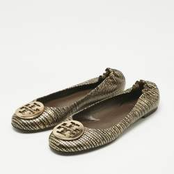 Pre Owned Tory Burch Gold/Dark Brown Lizard Embossed Leather Minnie Ballet Flats Size 39