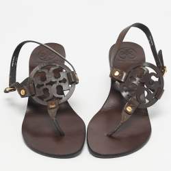 Pre Owned Tory Burch Brown Leather Thong Slingback Sandals Size 38