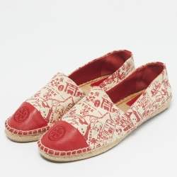 Pre Owned Tory Burch Pink/Canvas and  Leather Lucia Espadrille Flats Size 39