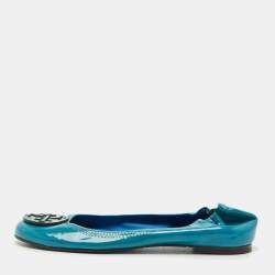 Pre Owned Tory Burch Blue Patent Leather Minnie Travel Ballet Flats Size 38.5