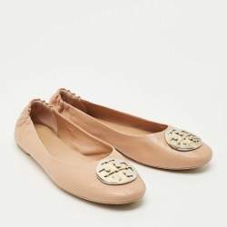 Pre Owned Tory Burch Beige Leather Scrunch Ballet Flats Size 41