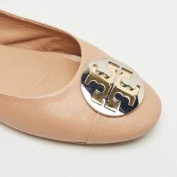 Pre Owned Tory Burch Beige Leather Scrunch Ballet Flats Size 41