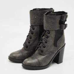 Pre Owned Tory Burch Grey Elastic and Leather Broome Combat Boots Size 37