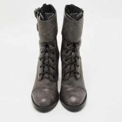 Pre Owned Tory Burch Grey Elastic and Leather Broome Combat Boots Size 37