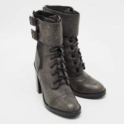 Pre Owned Tory Burch Grey Elastic and Leather Broome Combat Boots Size 37