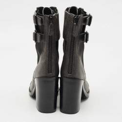 Pre Owned Tory Burch Grey Elastic and Leather Broome Combat Boots Size 37