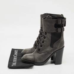 Pre Owned Tory Burch Grey Elastic and Leather Broome Combat Boots Size 37