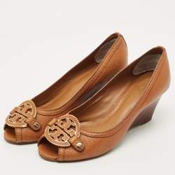 Pre Owned Tory Burch Brown Leather Amanda Peep Toe Wedge Pumps Size 37