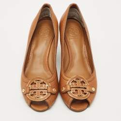 Pre Owned Tory Burch Brown Leather Amanda Peep Toe Wedge Pumps Size 37