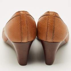 Pre Owned Tory Burch Brown Leather Amanda Peep Toe Wedge Pumps Size 37