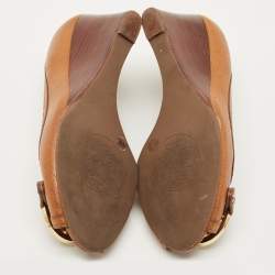 Pre Owned Tory Burch Brown Leather Amanda Peep Toe Wedge Pumps Size 37