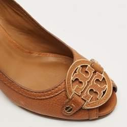 Pre Owned Tory Burch Brown Leather Amanda Peep Toe Wedge Pumps Size 37