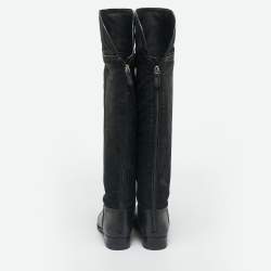 Pre Owned Tory Burch Black Leather and Nubuck Leather Knee Length Boots Size 37.5
