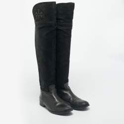 Pre Owned Tory Burch Black Leather and Nubuck Leather Knee Length Boots Size 37.5