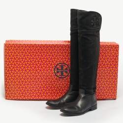 Pre Owned Tory Burch Black Leather and Nubuck Leather Knee Length Boots Size 37.5