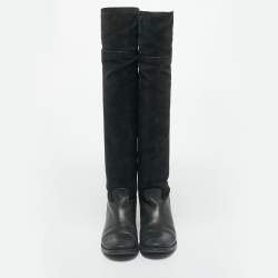 Pre Owned Tory Burch Black Leather and Nubuck Leather Knee Length Boots Size 37.5