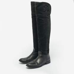 Pre Owned Tory Burch Black Leather and Nubuck Leather Knee Length Boots Size 37.5