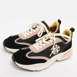 Pre Owned Tory Burch Black/Old Rose Fabric and Suede Good Luck Low Top Sneakers Size 40