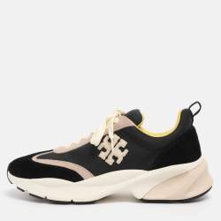 Pre Owned Tory Burch Black/Old Rose Fabric and Suede Good Luck Low Top Sneakers Size 40