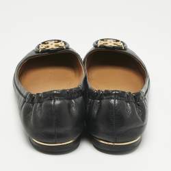 Pre Owned Tory Burch Black Leather Minnie Travel Scrunch Ballet Flats Size 38