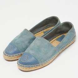 Pre Owned Tory Burch Blue Suede and Leather Logo Cap Toe Espadrille Flats Size 35.5