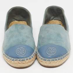 Pre Owned Tory Burch Blue Suede and Leather Logo Cap Toe Espadrille Flats Size 35.5