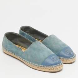 Pre Owned Tory Burch Blue Suede and Leather Logo Cap Toe Espadrille Flats Size 35.5