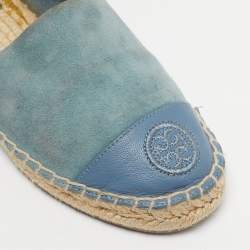 Pre Owned Tory Burch Blue Suede and Leather Logo Cap Toe Espadrille Flats Size 35.5