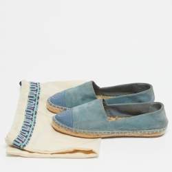 Pre Owned Tory Burch Blue Suede and Leather Logo Cap Toe Espadrille Flats Size 35.5