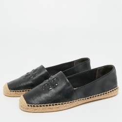 Pre Owned Tory Burch Black Leather Ines Logo Espadrille Flats Size 38.5