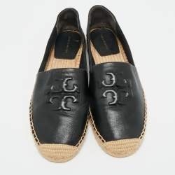 Pre Owned Tory Burch Black Leather Ines Logo Espadrille Flats Size 38.5