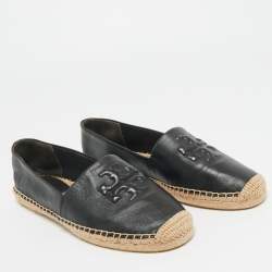 Pre Owned Tory Burch Black Leather Ines Logo Espadrille Flats Size 38.5