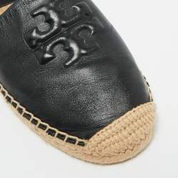 Pre Owned Tory Burch Black Leather Ines Logo Espadrille Flats Size 38.5