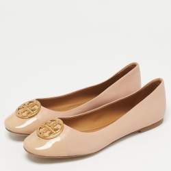 Pre Owned Tory Burch Beige Leather and Patent Scrunch Ballet Flats Size 38