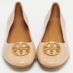 Pre Owned Tory Burch Beige Leather and Patent Scrunch Ballet Flats Size 38