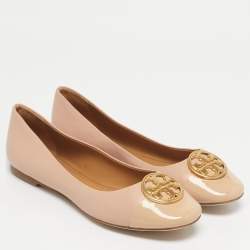 Pre Owned Tory Burch Beige Leather and Patent Scrunch Ballet Flats Size 38
