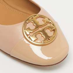 Pre Owned Tory Burch Beige Leather and Patent Scrunch Ballet Flats Size 38